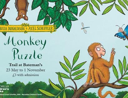 Illustrated poster for Monkey Puzzle trail at Bateman’s, showing a monkey in trees with text: 23 May to 1 November