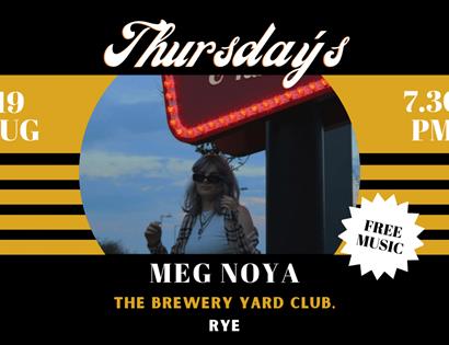 black and yellow poster for brewery yard club music event. circular photograph in centre shows musician meg noya.