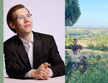 Poster for Summer Picnic Concert by Hastings International Piano, featuring pianist portrait and countryside garden view.