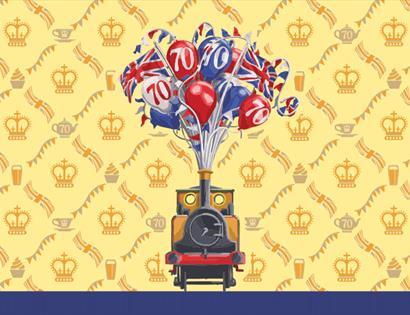 Cartoon picture of a steam train with Union Jack flags and red, white and blue balloons coming out of the funnel.