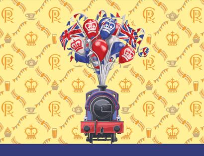 An illustration of a steam train against a yellow background with Royal emblems. Instead of steam, balloons in red and blue, butting, and the Union fl