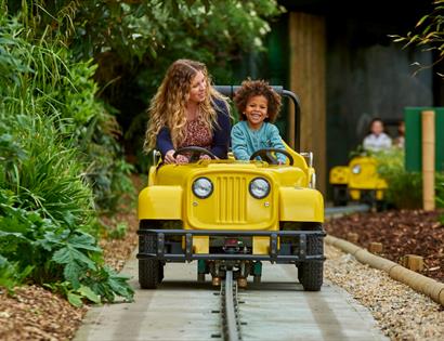 woman and child at drusillas on safari ride experience.