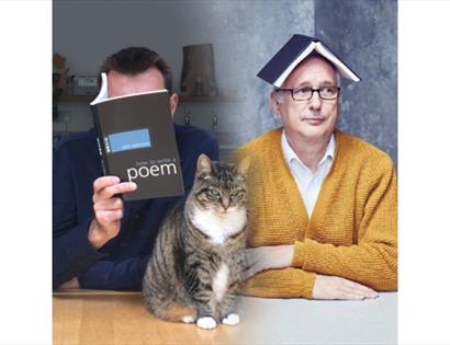 Photograph of Brian Bilston, Henry Normal, and a cat.