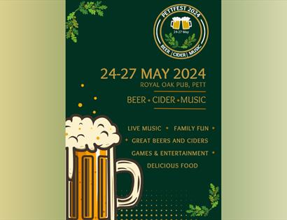 Poster for Pett Beer Festival: says live music, family fun, great beer and ciders, games and entertainment, delicious food.