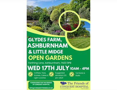 poster for Glydes Farm shop and Little Midge Open Gardens event. Green background with photographs of trees and established garden.
