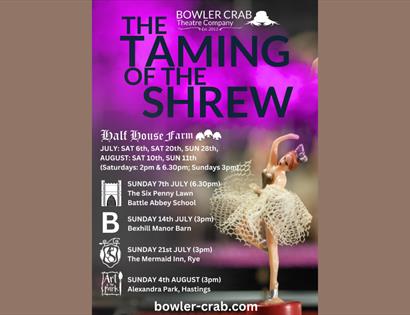 Poster for Taming of the Shrew performance at Half House Farm, Three Oaks