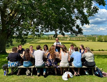 Guided vineyard picnic experience with Vine & Country Tours, overlooking rolling Sussex countryside.