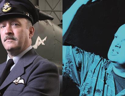 two photographs. On left a man stands before an aircraft with suit and hat. To the right a white man grimaces as he looks upwards, image has a blue hu