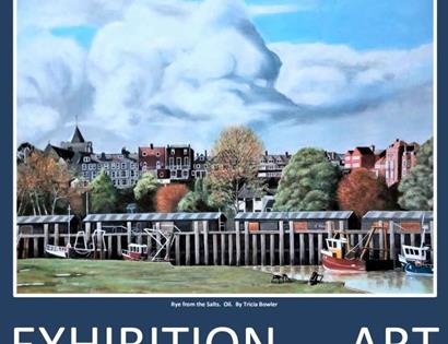 Painting of Rye Harbour. Shows small fishing boats moored with town and castle in the background.
