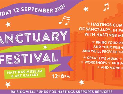 A poster for Sanctuary Festival. Orange background with festival name wirtten in white on a purple banner.