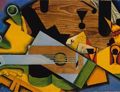 Modern art painting with fragments of guitars.