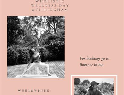 a poster for a wellness day at tillingham wine estate. Dusky peach background with 2 square photographs. one of a lady in a yoga pose, the other a lad