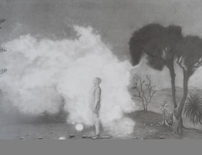 Black and white picture of man in a cloud