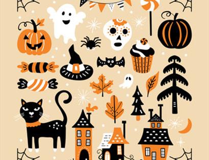 halloween graphics with cat, house and autumn leaves