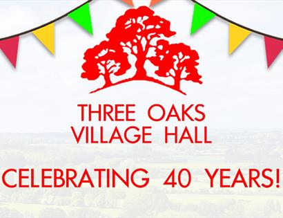 poster for three oaks village hall celebrating 40 years. shows red tree silhouette and bunting.