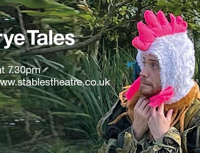 Poster for Cantervury Tales. Shows man and woman by green plants. man in crouched wearing novelty chicken hat.