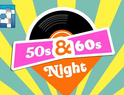 bright coloured posters for 50s and 60s night. yellow and green stripey background. centres shows a vinyl record and 50s 60s night against pink and or