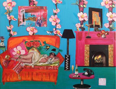 A collage by Anna Bachène. Shows a woman lying on an organe sofa with large cherry blossom wallpaper.