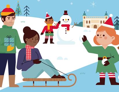 an illustration of a family playing with snowballs on ice.