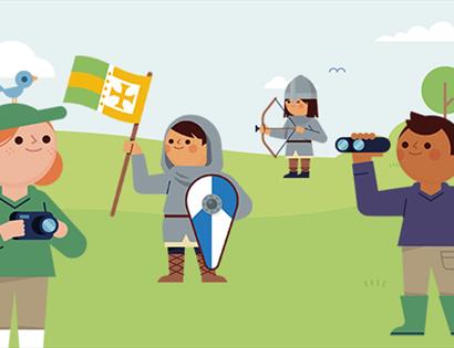 illustration of children as knights and explorers with binoculars.
