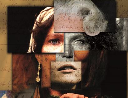 a collage making a photograph of a white woman's face with blonde hair.