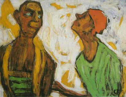 wide brushstroke painting of two figures