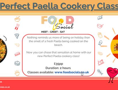 Poster for Perfect Paella Cookery Class. Text is in the description. Scattered images included a paella dish, red wine, and a Spanish flag inside a su