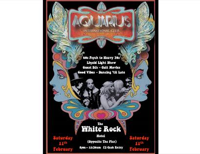 Poster for Aquarius Club and market shows illustrated sixties psychedelic design with flowers a lady's face. Against a black background.