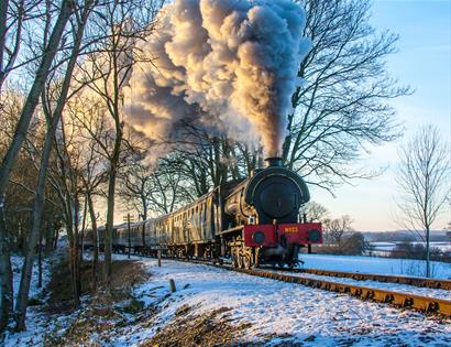 A steam train passing, ground has light snow.