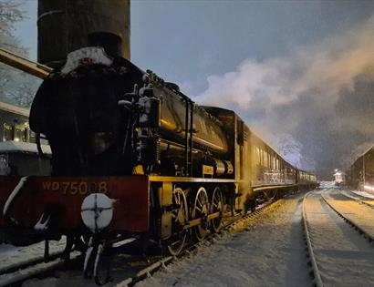 front of steam train on frosty ground