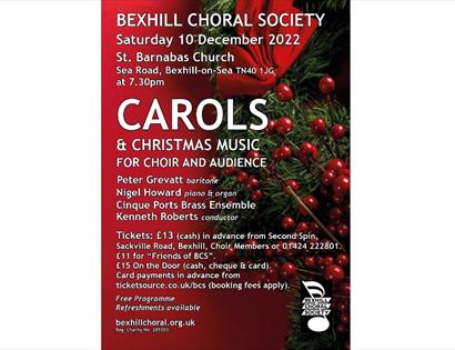 Poster for Carols and Christmas music event. All text in description. Poster with red background and Christmas berries.