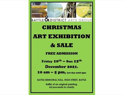 A green poster for a Christmas art exhibition and sale