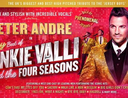Promotional poster for "The Very Best of Frankie Valli and the Four Seasons" featuring Peter Andre in bold red and gold.