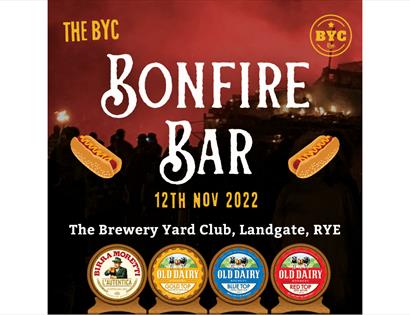 Poster saying Bonfire bar with cartoon hot dogs and beer labels.
