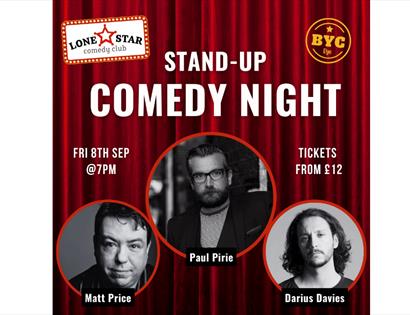 poster with red curtain and three headshots of male comedians. Title says Stand-Up Comedy Night.