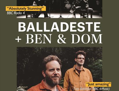 Poster green background with photograph of two white men in orange shirts. White text says "Balladeste + Ben & Dom"