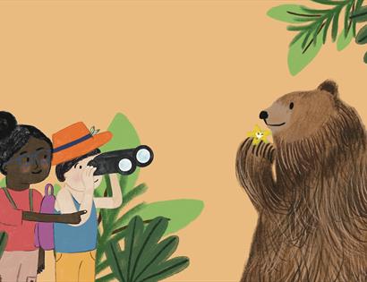Illustration of two children spotting Baloo the bear holding a flower during Baloo’s Clues trail at Bateman’s
