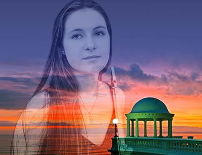 a layered photograph with de la warr pavilion sunset in the background and young white female musician superimposed over the top.