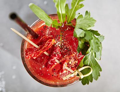 Birds eye view of a Bloody Mary cocktail