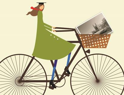 an illustration of a woman in a large triangular green coat on a bicycle. Cream background.