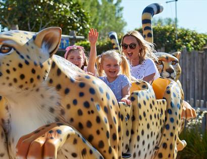 Children enjoying animal train ride at Drusillas Park.
