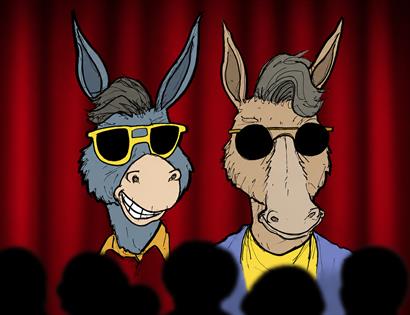 Cartoon donkeys in sunglasses on stage before red curtain and audience silhouettes, promoting improv at the Stables Theatre.