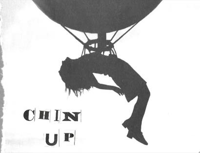 a painting of a woman hanging from a balloon with the caption 'chin up'