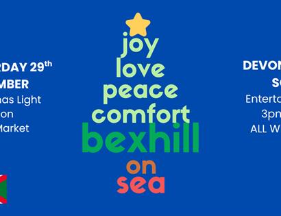 Poster reads: "Saturday 29th November, Christmas Light Switch-On Street market. Devonshire Square, entertainment, 3pm-7pm, All welcome". There is also