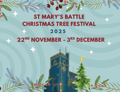 Image is a poster for the event. Text reads: ST MARY'S BATTLE CHRISTMAS TREE FESTIVAL 2025. 22ND NOVEMBER - 3RD DECEMBER. The image shows an animation