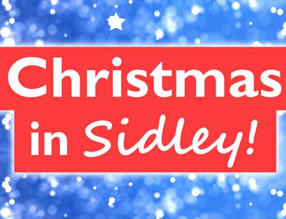 Text reads 'Christmas in Sidley' with a red outline. The background is blue with speckles of snow.