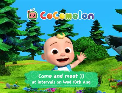cartoon baby in woods waving for cocomelon event