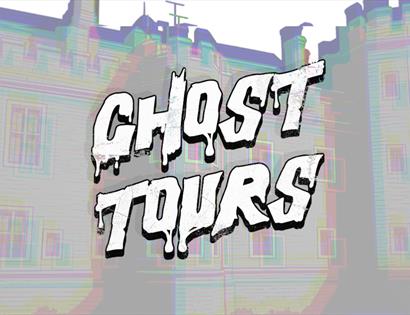 Ghost Tours poster featuring Herstmonceux Castle with glitch-effect artwork and dripping horror-style lettering.