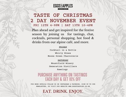 a text poster on a grey background for Taste of Christmas 2-day shopping event at Eggs to Apples farm shop.