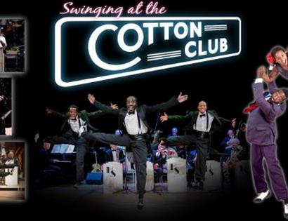 Poster for “Swinging at the Cotton Club” featuring dancers and musicians in energetic jazz and swing performances.